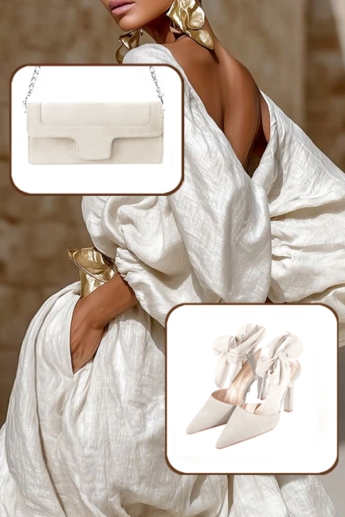 Dress closed-toe heels ankle scarf in off white leather with high slim heels and pointed toe - Worn view